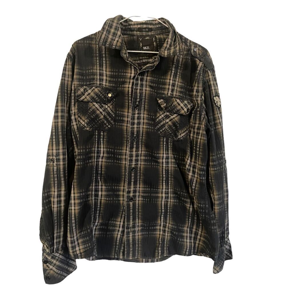 BKE Mens Black & Tan Collared Dupplins Checks Roll Tab Sleeve Slim Shirt Size XL